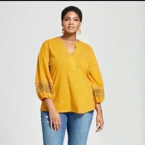 Ava & Viv Golden Yellow V-Neck Balloon Sleeve Cotton Light Weight Blouse Size14W